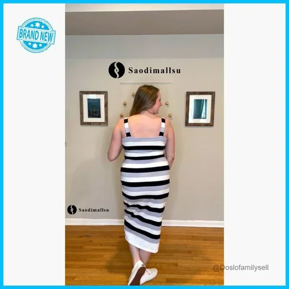 Striped Bodycon Midi Dress Sleeveless Square Neck Knit Summer Chic Casual - Picture 7 of 7